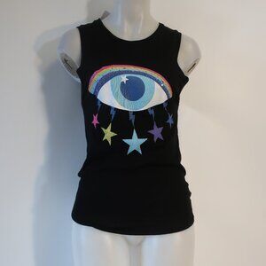 NWT Womens Lauren Moshi Black Multicolor Rainbow Eye Graphic Muscle Tee Top S
